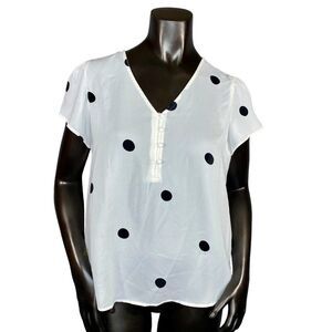 Ann Taylor Loft Short Sleeve Flowy Ivory Blouse with Polka Dots Women's Size MP